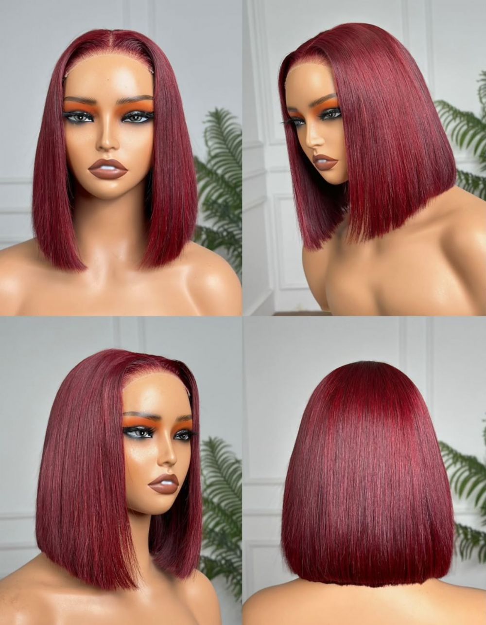 Human Hair Wigs 250% Double Drawn 99J 13x4 Lace Front Short Bob Wig Straight 8~16 Inches Lace Natural Full Frontal Wig