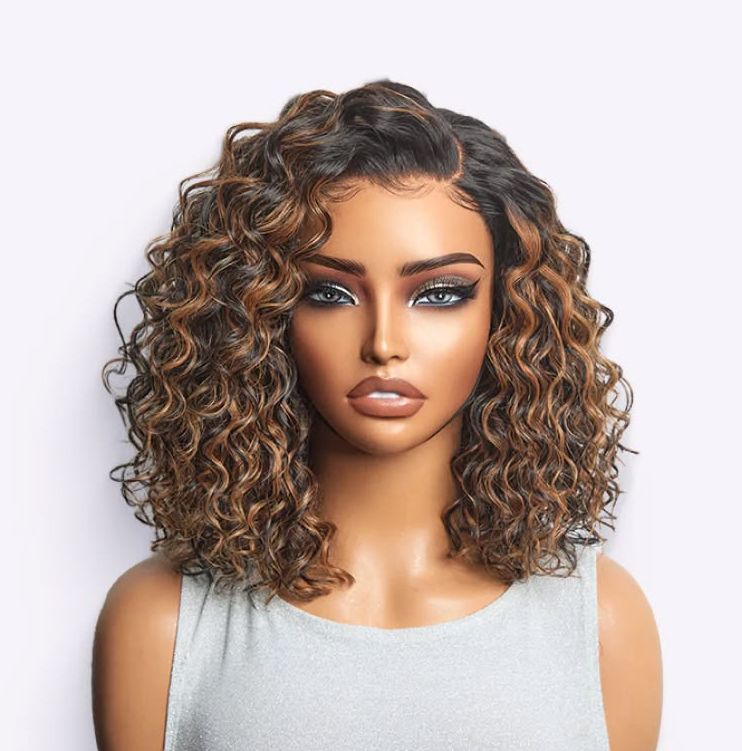 #4/27 Highlight Color 13x4 Short Bob Wigs Burmese Curly Human Hair Piano Highlight Color HD Transparent Lace Frontal Wigs