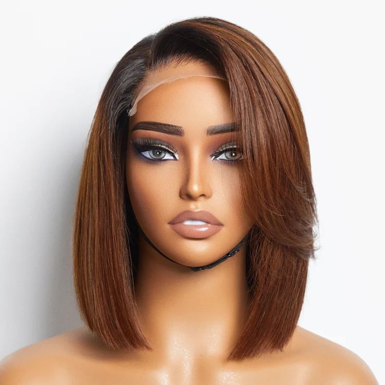 Short Straight Black Hair Wig Middle Part Bob 2x6 Lace Front Wig Double Drawn Bone Straight Wig